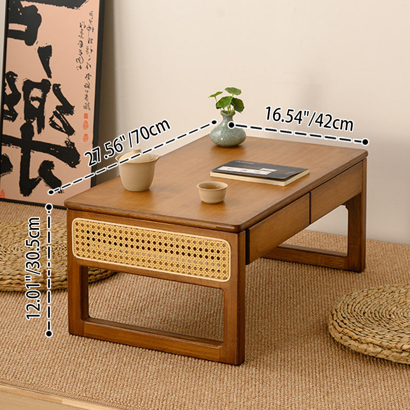 Traditional Japanese Rattan Bamboo Foldable Rectangular Openwork Coffee Table 1-Tier For Living Room