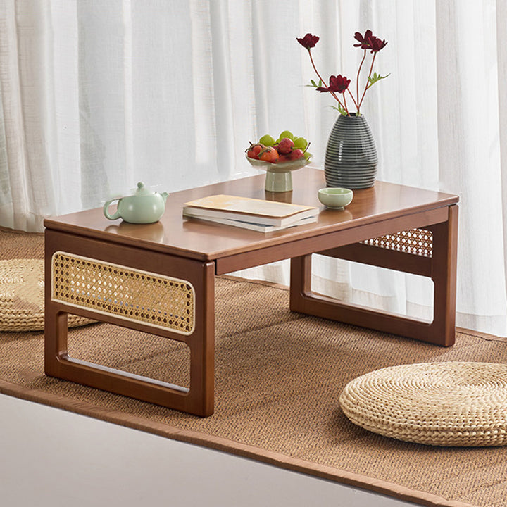 Traditional Japanese Rattan Bamboo Foldable Rectangular Openwork Coffee Table 1-Tier For Living Room