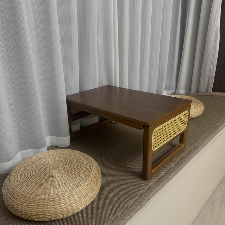 Traditional Japanese Rattan Bamboo Foldable Rectangular Openwork Coffee Table 1-Tier For Living Room