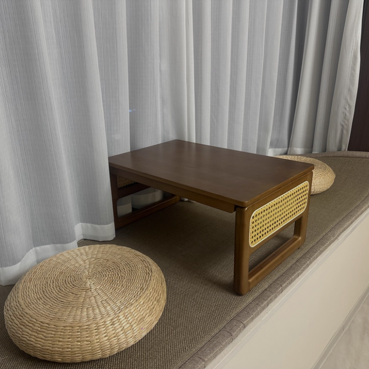Traditional Japanese Rattan Bamboo Foldable Rectangular Openwork Coffee Table 1-Tier For Living Room