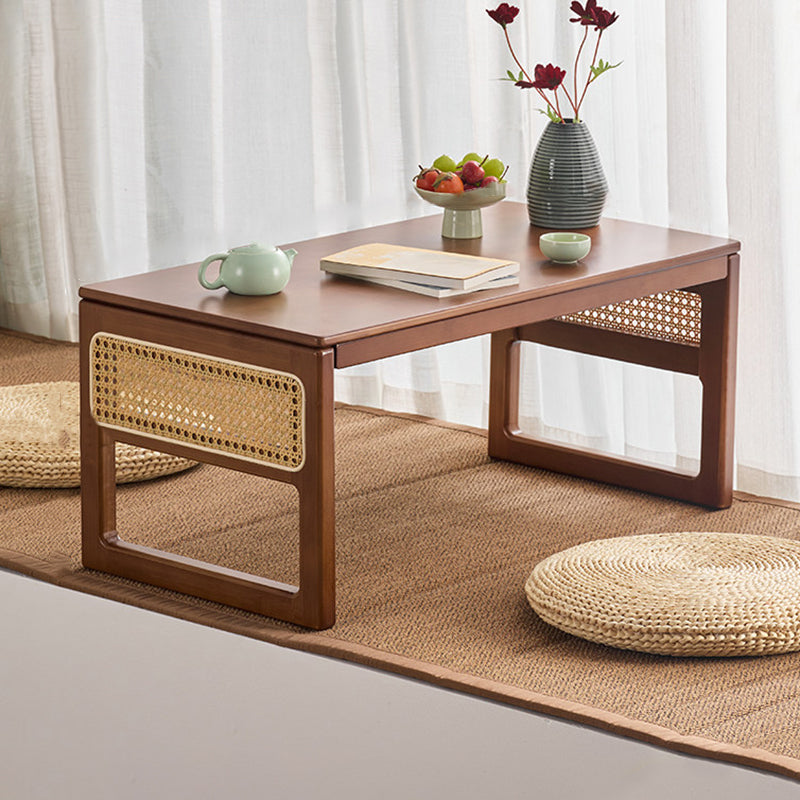 Traditional Japanese Rattan Bamboo Foldable Rectangular Openwork Coffee Table 1-Tier For Living Room