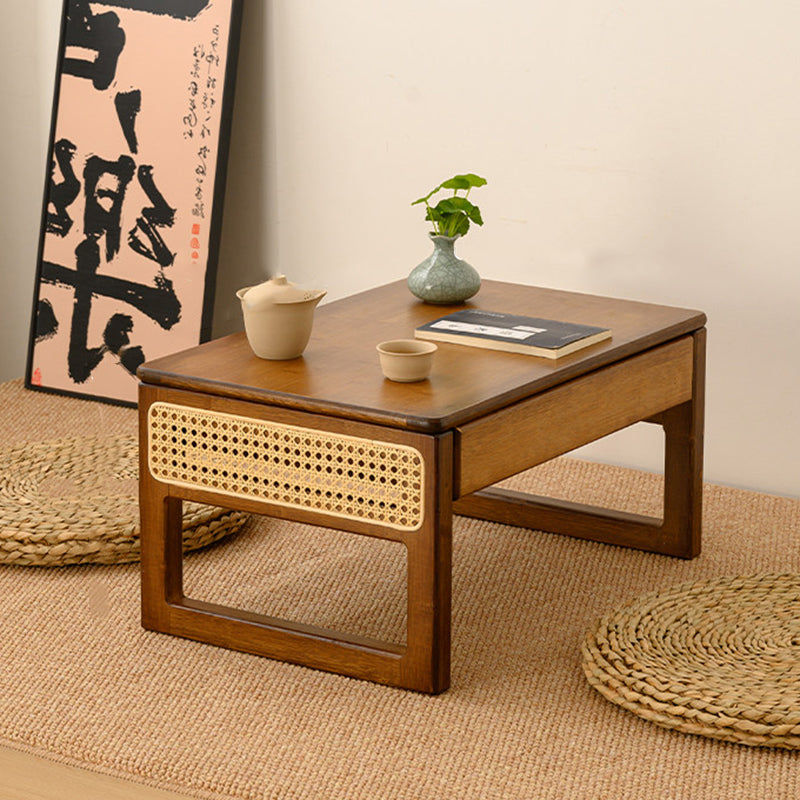 Traditional Japanese Rattan Bamboo Foldable Rectangular Openwork Coffee Table 1-Tier For Living Room