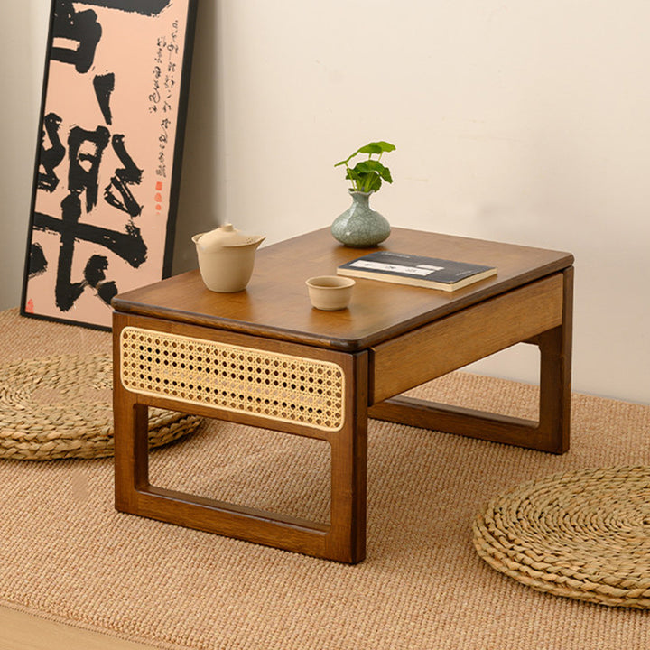 Traditional Japanese Rattan Bamboo Foldable Rectangular Openwork Coffee Table 1-Tier For Living Room