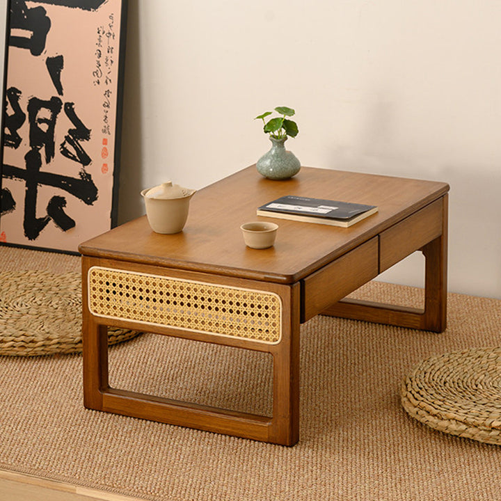 Traditional Japanese Rattan Bamboo Foldable Rectangular Openwork Coffee Table 1-Tier For Living Room