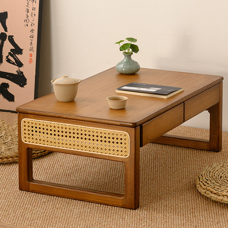 Traditional Japanese Rattan Bamboo Foldable Rectangular Openwork Coffee Table 1-Tier For Living Room