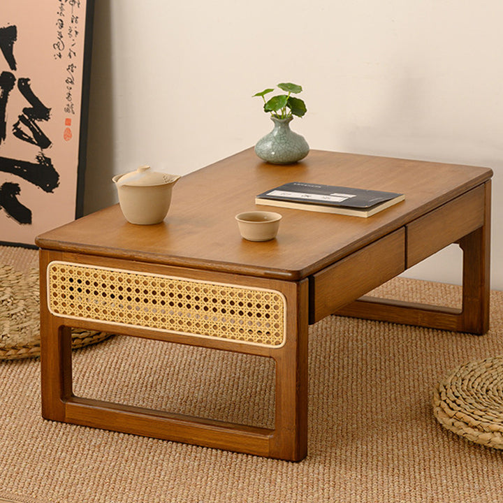 Traditional Japanese Rattan Bamboo Foldable Rectangular Openwork Coffee Table 1-Tier For Living Room
