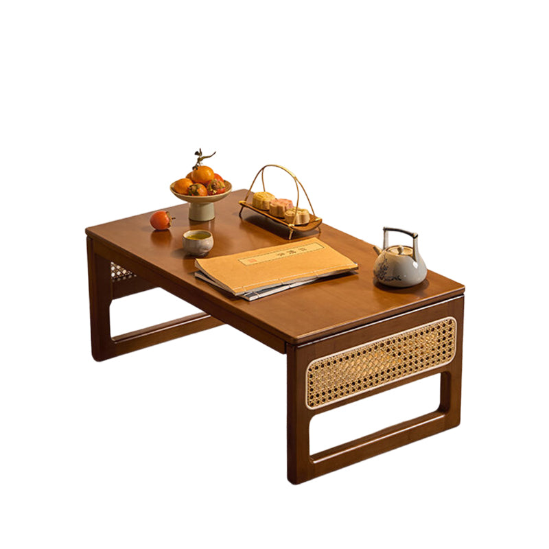 Traditional Japanese Rattan Bamboo Foldable Rectangular Openwork Coffee Table 1-Tier For Living Room