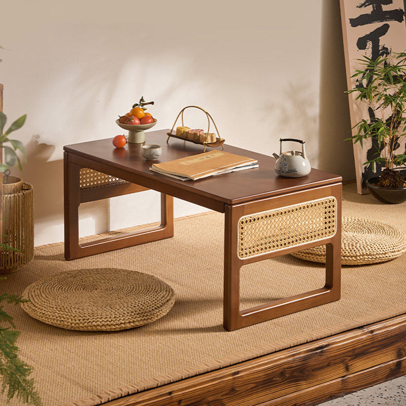 Traditional Japanese Rattan Bamboo Foldable Rectangular Openwork Coffee Table 1-Tier For Living Room