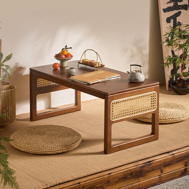 Traditional Japanese Rattan Bamboo Foldable Rectangular Openwork Coffee Table 1-Tier For Living Room