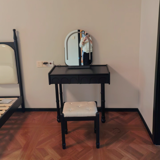 Traditioneller Vintage-Sperrholz-Kiefer-Glas-Bogenspiegel-Rechteck-Make-up-Schminktisch mit 1/2 Schubladen für das Schlafzimmer 