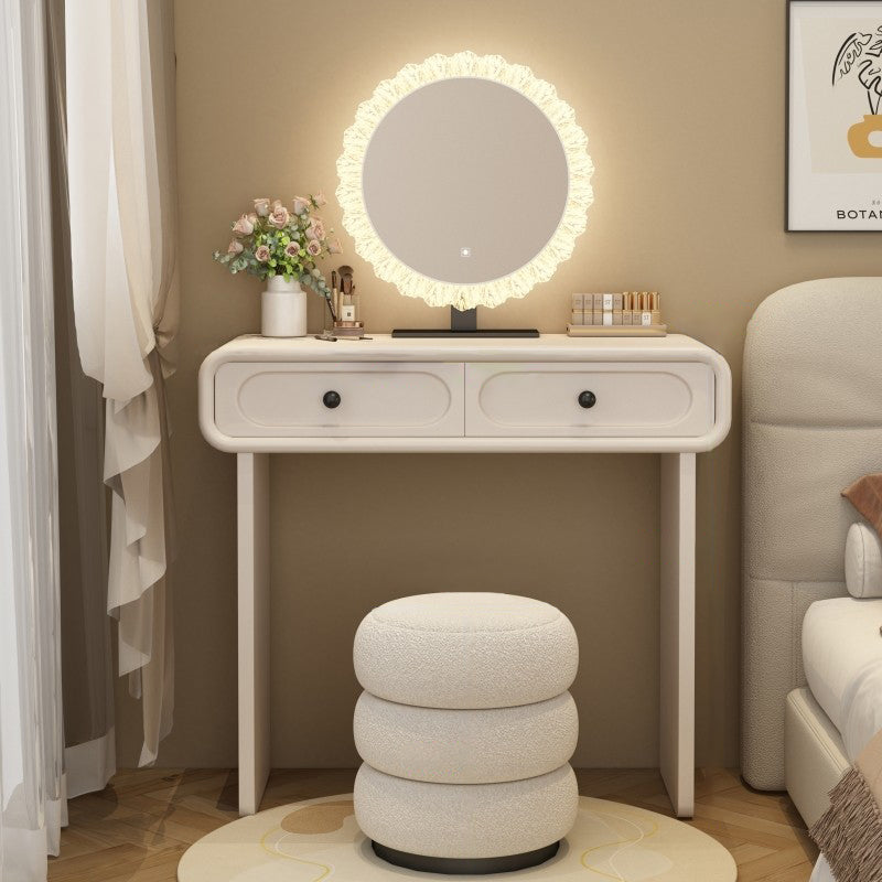 Moderne minimalistische Schminkkommode aus Sperrholz, Kiefernholz und Glas, abgerundet-rechteckig, mit 2 Schubladen für das Schlafzimmer 
