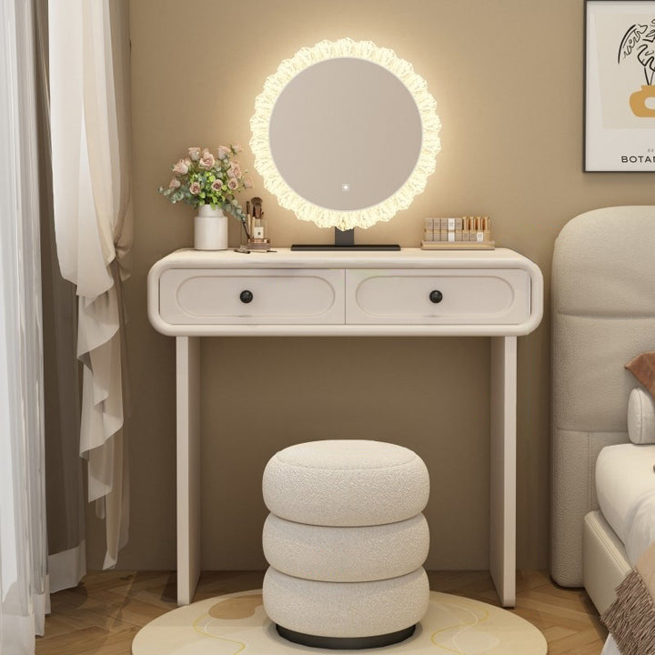 Moderne minimalistische Schminkkommode aus Sperrholz, Kiefernholz und Glas, abgerundet-rechteckig, mit 2 Schubladen für das Schlafzimmer 