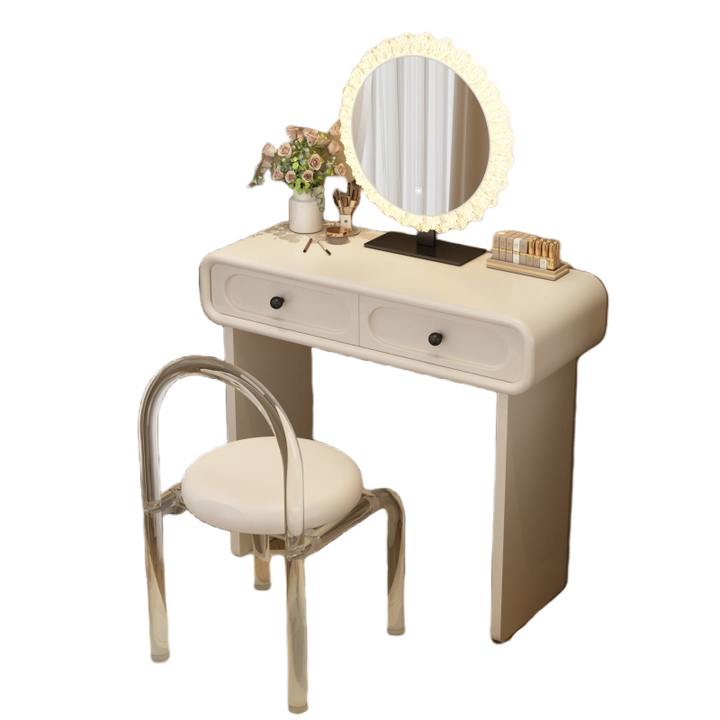 Moderne minimalistische Schminkkommode aus Sperrholz, Kiefernholz und Glas, abgerundet-rechteckig, mit 2 Schubladen für das Schlafzimmer 