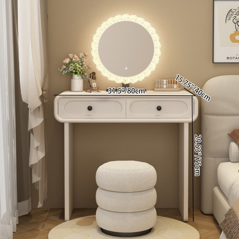 Moderne minimalistische Schminkkommode aus Sperrholz, Kiefernholz und Glas, abgerundet-rechteckig, mit 2 Schubladen für das Schlafzimmer 