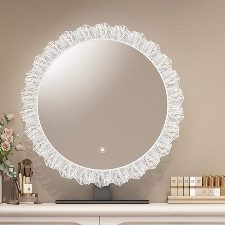 Moderne minimalistische Schminkkommode aus Sperrholz, Kiefernholz und Glas, abgerundet-rechteckig, mit 2 Schubladen für das Schlafzimmer 