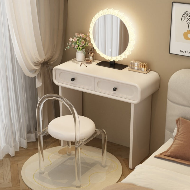Moderne minimalistische Schminkkommode aus Sperrholz, Kiefernholz und Glas, abgerundet-rechteckig, mit 2 Schubladen für das Schlafzimmer 