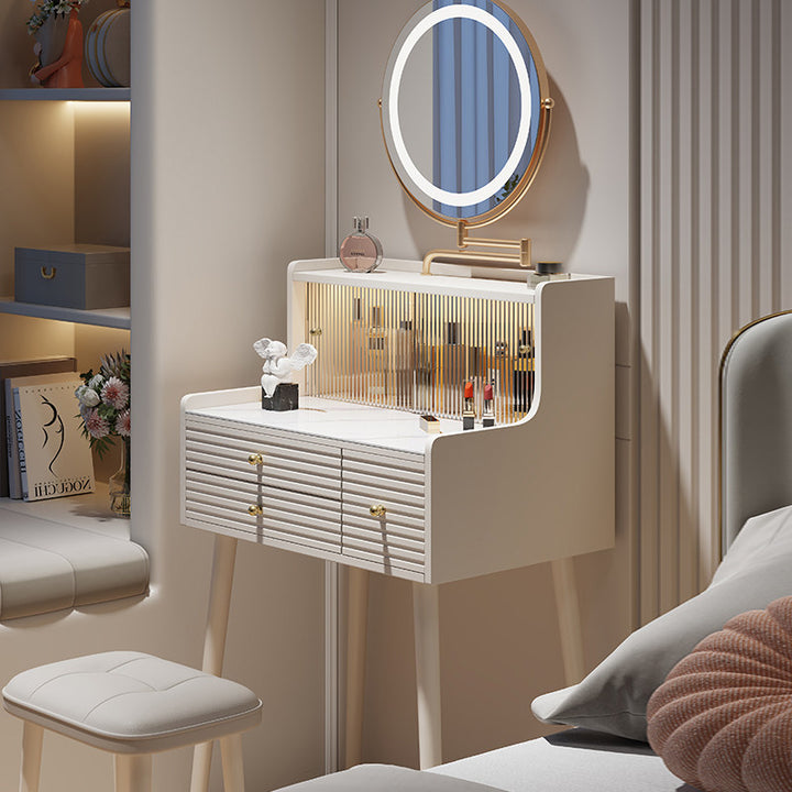 Traditional French MDF Iron Glass Sintered Stone Rectangular Fluted Cylindrical Makeup Vanity 3-Drawer For Bedroom
