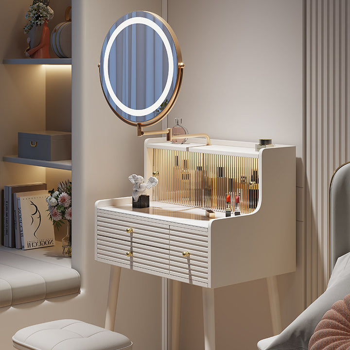 Traditional French MDF Iron Glass Sintered Stone Rectangular Fluted Cylindrical Makeup Vanity 3-Drawer For Bedroom