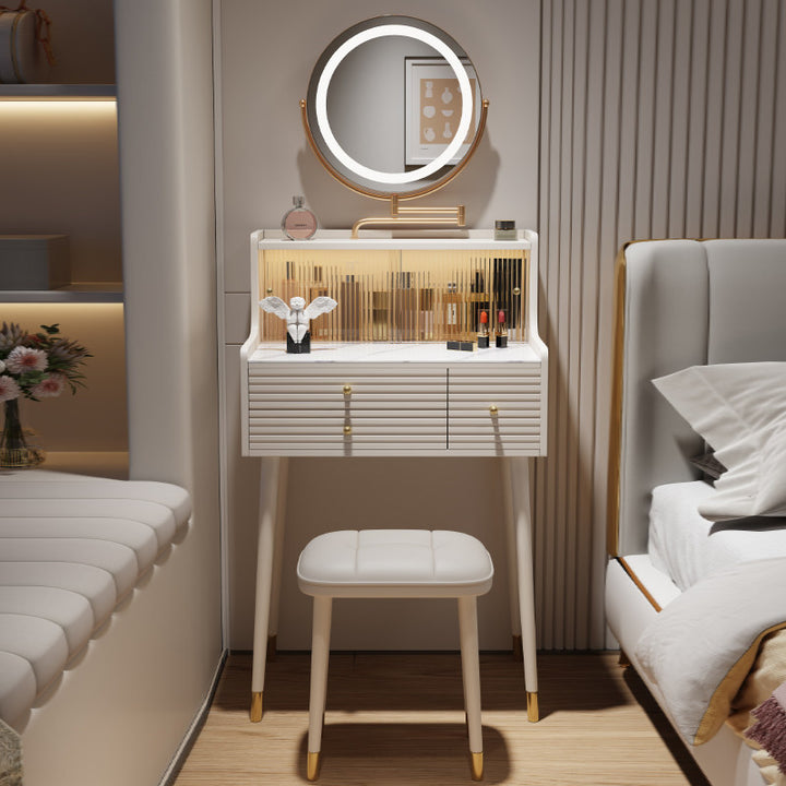 Traditional French MDF Iron Glass Sintered Stone Rectangular Fluted Cylindrical Makeup Vanity 3-Drawer For Bedroom