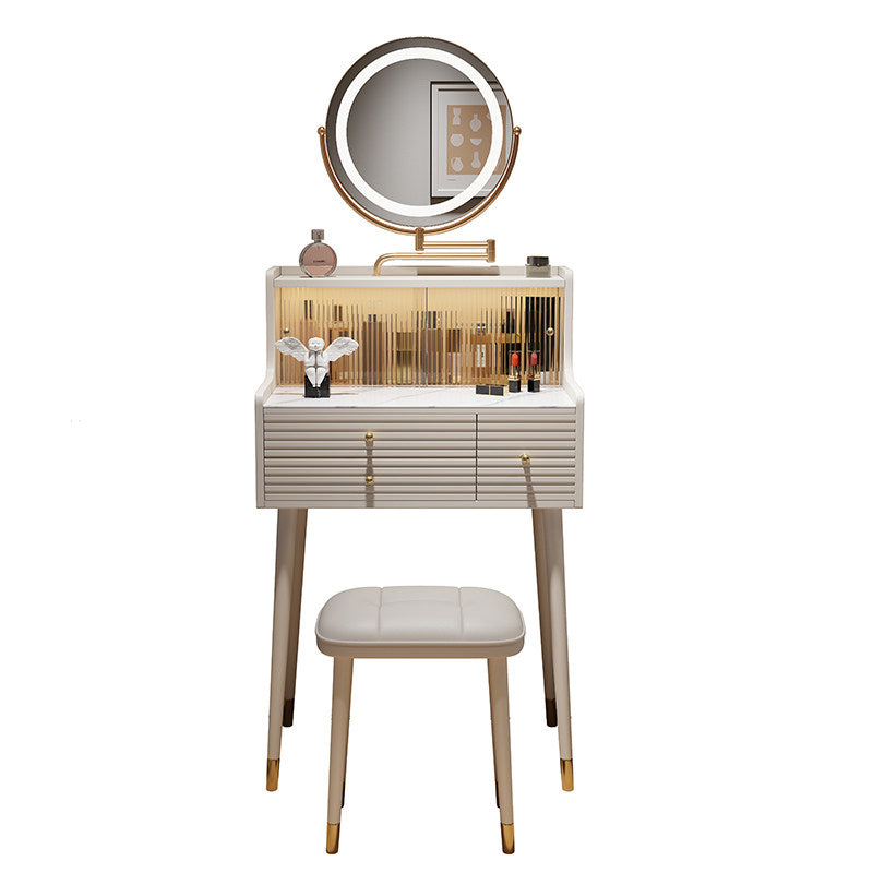 Traditional French MDF Iron Glass Sintered Stone Rectangular Fluted Cylindrical Makeup Vanity 3-Drawer For Bedroom