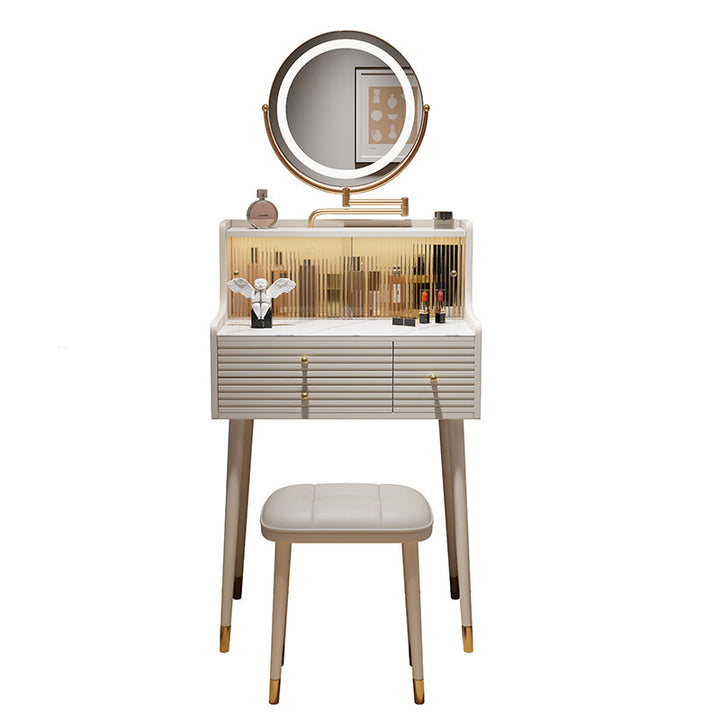 Traditional French MDF Iron Glass Sintered Stone Rectangular Fluted Cylindrical Makeup Vanity 3-Drawer For Bedroom
