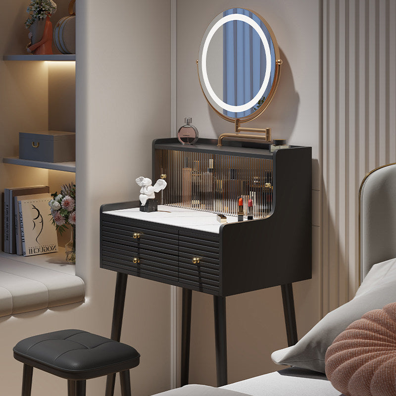 Traditional French MDF Iron Glass Sintered Stone Rectangular Fluted Cylindrical Makeup Vanity 3-Drawer For Bedroom