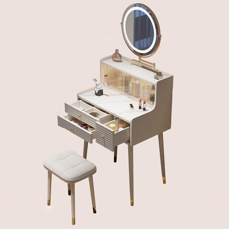 Traditional French MDF Iron Glass Sintered Stone Rectangular Fluted Cylindrical Makeup Vanity 3-Drawer For Bedroom