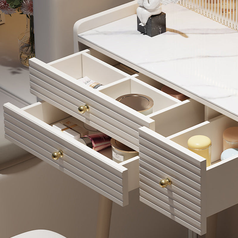 Traditional French MDF Iron Glass Sintered Stone Rectangular Fluted Cylindrical Makeup Vanity 3-Drawer For Bedroom