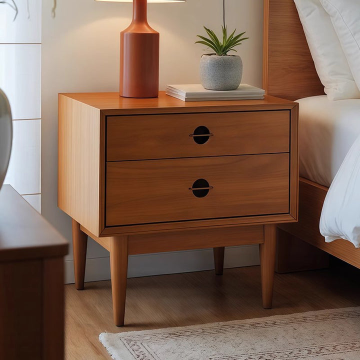 Traditional Chinese Solid Wood Cylindrical Square Nightstand 2-Drawer For Bedroom