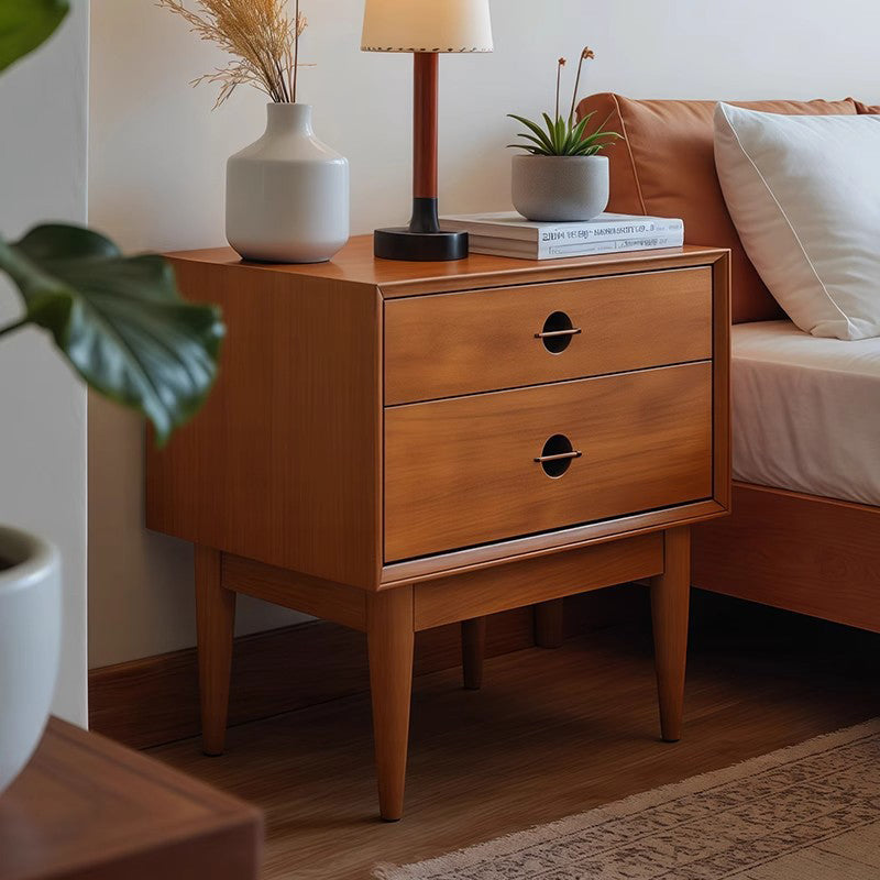 Traditional Chinese Solid Wood Cylindrical Square Nightstand 2-Drawer For Bedroom