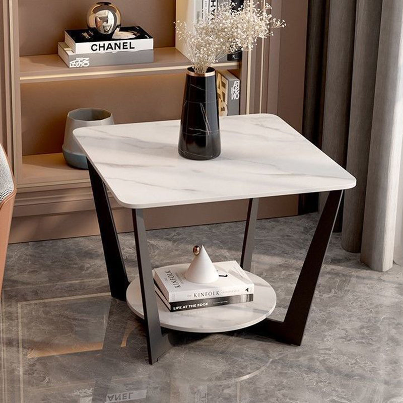 Contemporary Scandinavian Iron Sintered Stone Round Square Coffee Table 2-Tier For Living Room