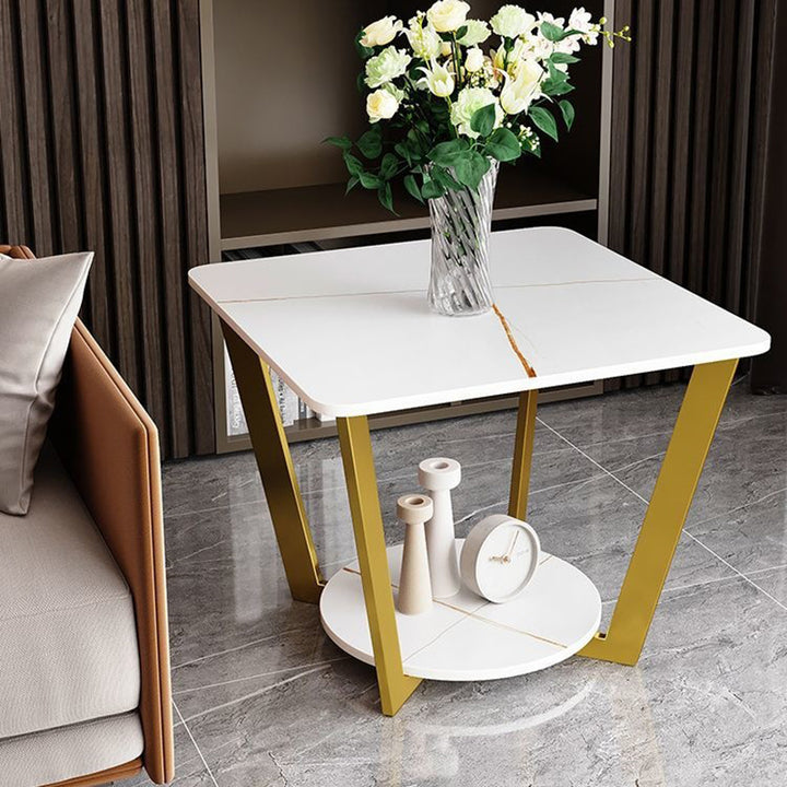 Contemporary Scandinavian Iron Sintered Stone Round Square Coffee Table 2-Tier For Living Room
