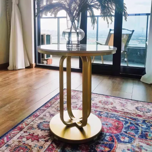 Mesa Auxiliar Redonda de Hierro de Piedra Sinterizada Escandinava Contemporánea de 1 Nivel para Sala de Estar 