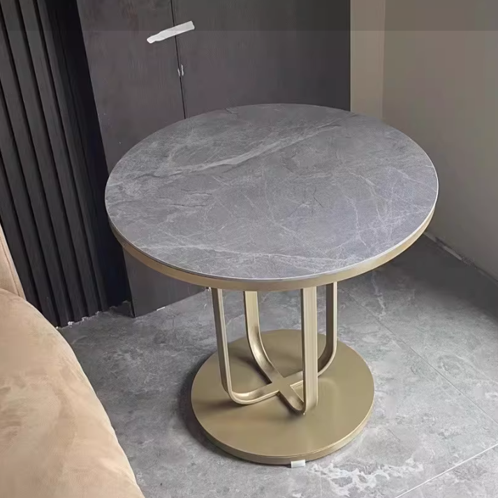 Mesa Auxiliar Redonda de Hierro de Piedra Sinterizada Escandinava Contemporánea de 1 Nivel para Sala de Estar 