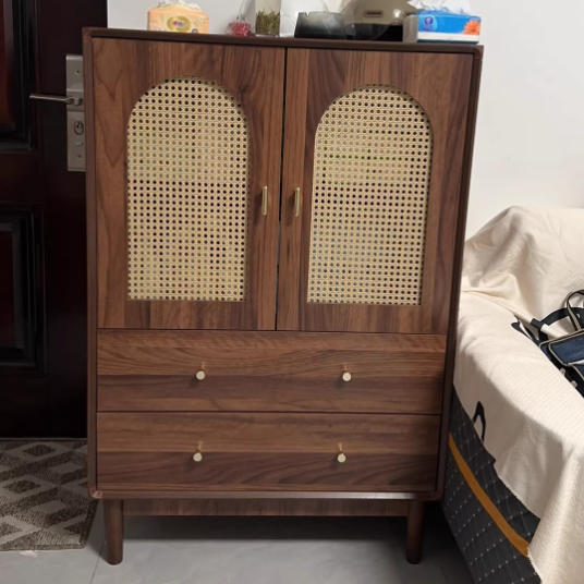 Traditional Chinese Particle Board Rubber Wood Rattan Glass Rectangular Cylindrical Storage Cabinet 2/4-Drawer For Living Room