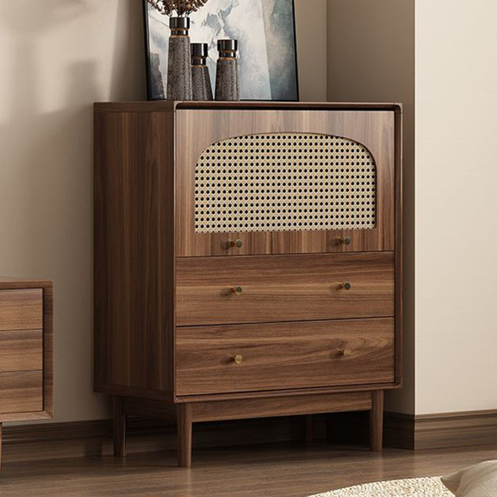 Traditional Chinese Particle Board Rubber Wood Rattan Glass Rectangular Cylindrical Storage Cabinet 2/4-Drawer For Living Room