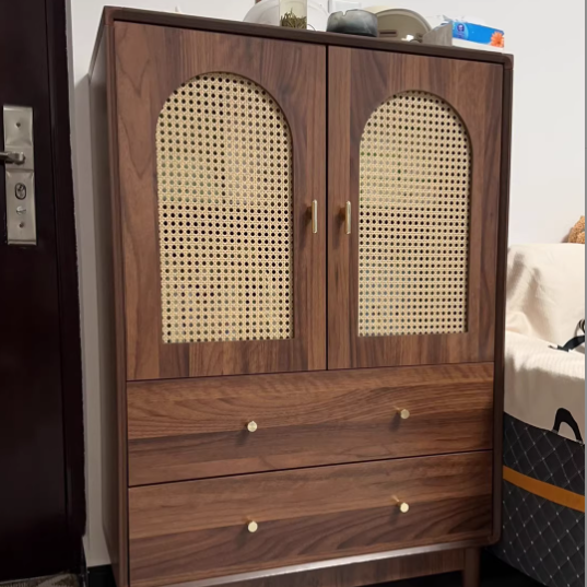 Traditional Chinese Particle Board Rubber Wood Rattan Glass Rectangular Cylindrical Storage Cabinet 2/4-Drawer For Living Room