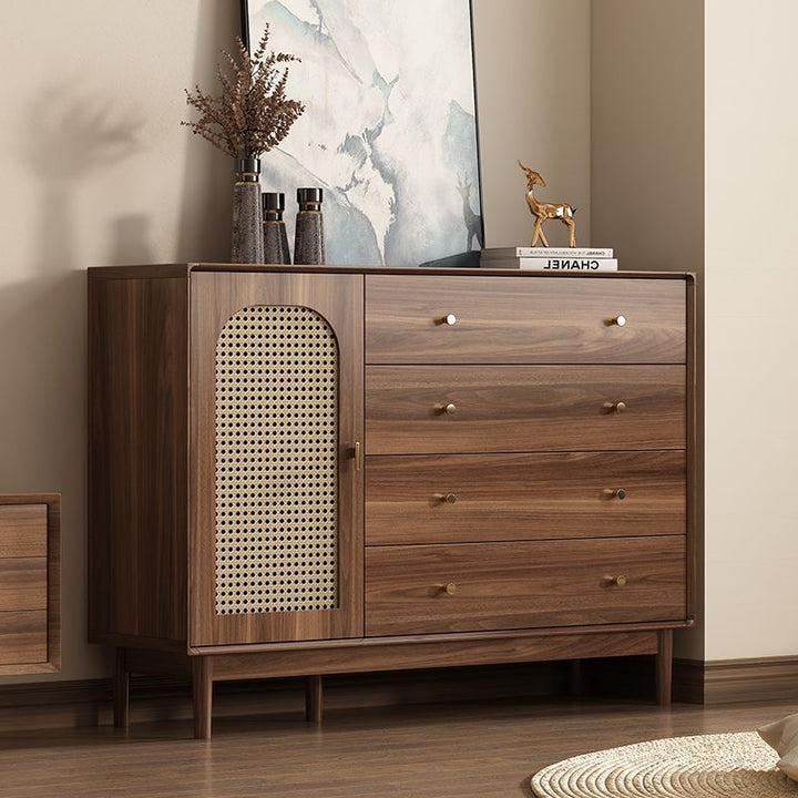 Traditional Chinese Particle Board Rubber Wood Rattan Glass Rectangular Cylindrical Storage Cabinet 2/4-Drawer For Living Room