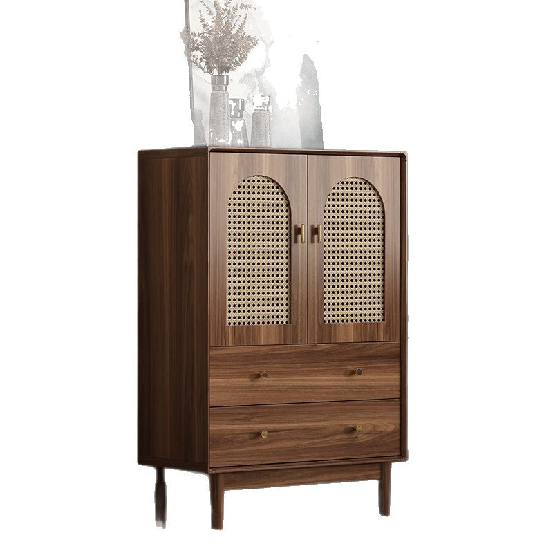 Traditional Chinese Particle Board Rubber Wood Rattan Glass Rectangular Cylindrical Storage Cabinet 2/4-Drawer For Living Room