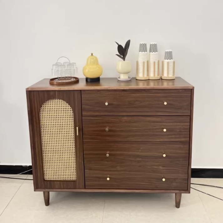 Traditional Chinese Particle Board Rubber Wood Rattan Glass Rectangular Cylindrical Storage Cabinet 2/4-Drawer For Living Room