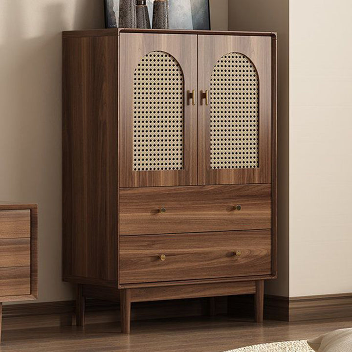Traditional Chinese Particle Board Rubber Wood Rattan Glass Rectangular Cylindrical Storage Cabinet 2/4-Drawer For Living Room