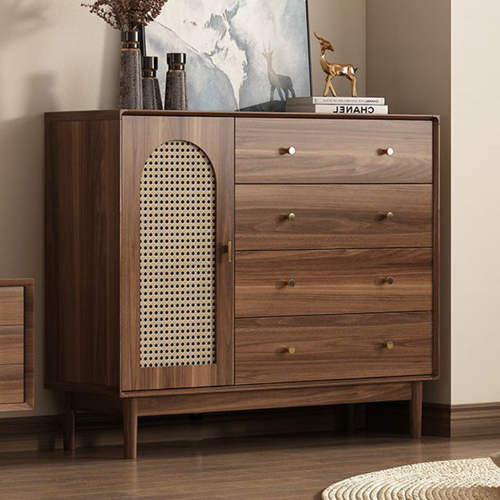 Traditional Chinese Particle Board Rubber Wood Rattan Glass Rectangular Cylindrical Storage Cabinet 2/4-Drawer For Living Room
