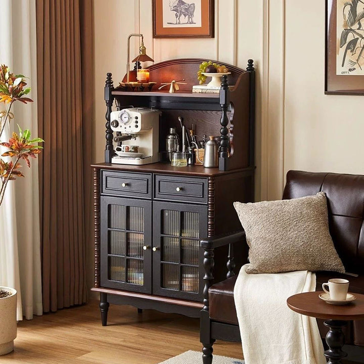 Traditional French Pine Wood Glass Rectangular Roman Column Storage Cabinet 2-Drawer For Living Room