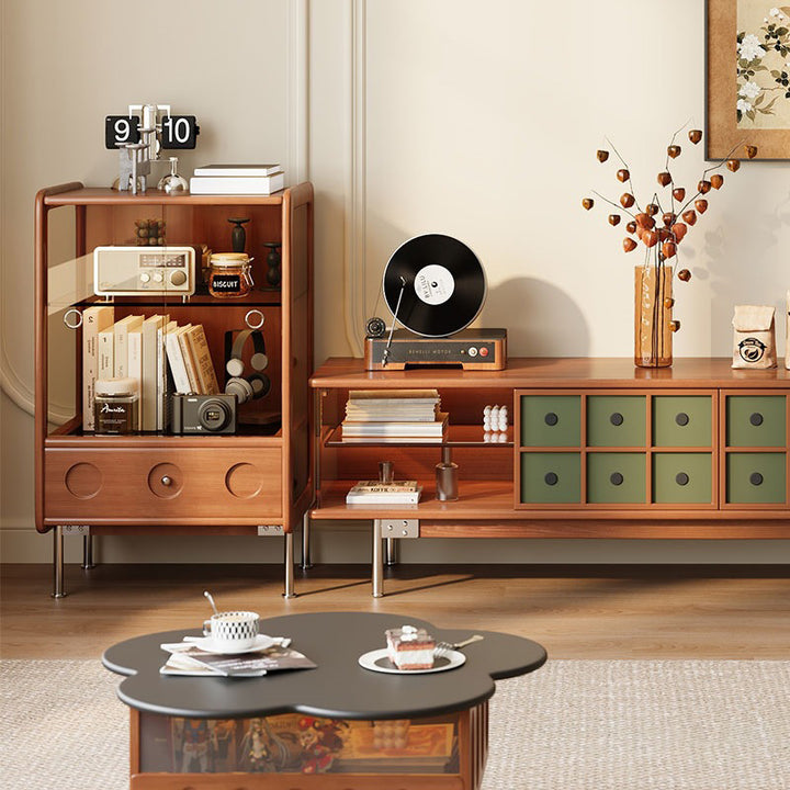Traditional French Boxwood Glass Stainless Steel Rounded Rectangular Storage Cabinet 1-Drawer For Living Room