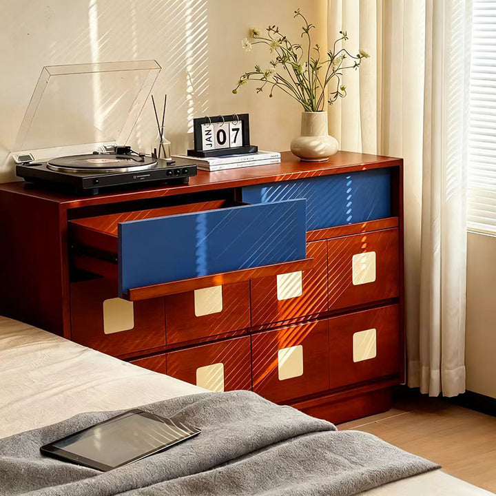 Traditional French Boxwood Plywood Rectangular Square Storage Cabinet 5/6-Drawer For Living Room