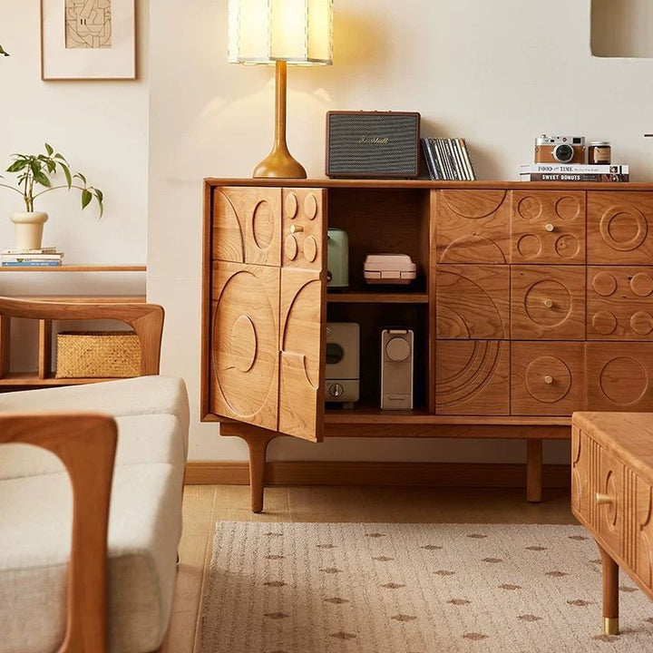 Traditional French Pine Wood Rectangular Patterned Storage Cabinet 3-Drawer For Living Room