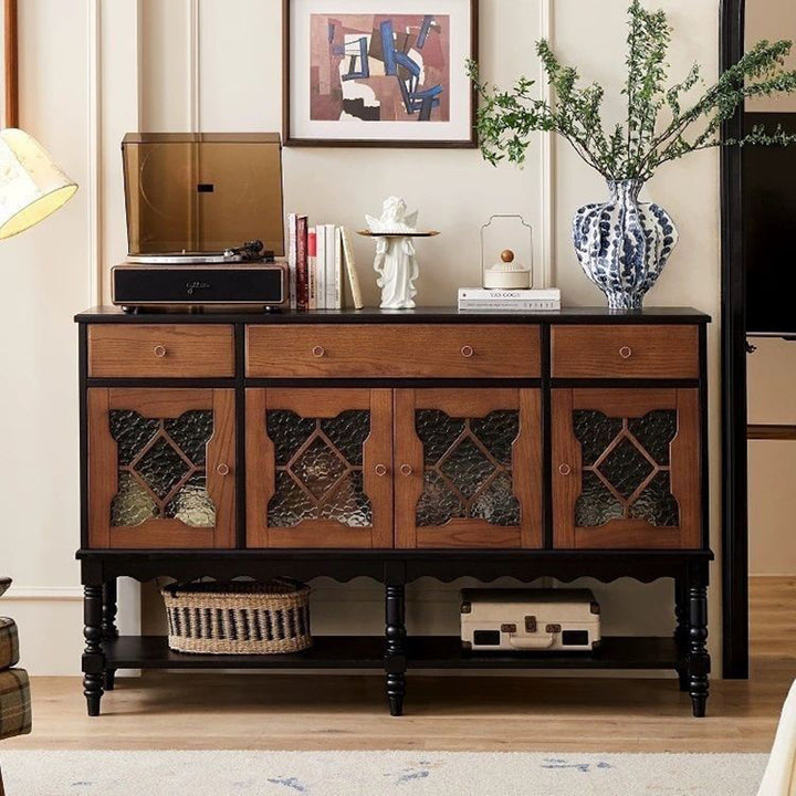 Traditional French Pine Wood Glass Rectangular Diamond Cylindrical Storage Cabinet 3-Drawer For Living Room