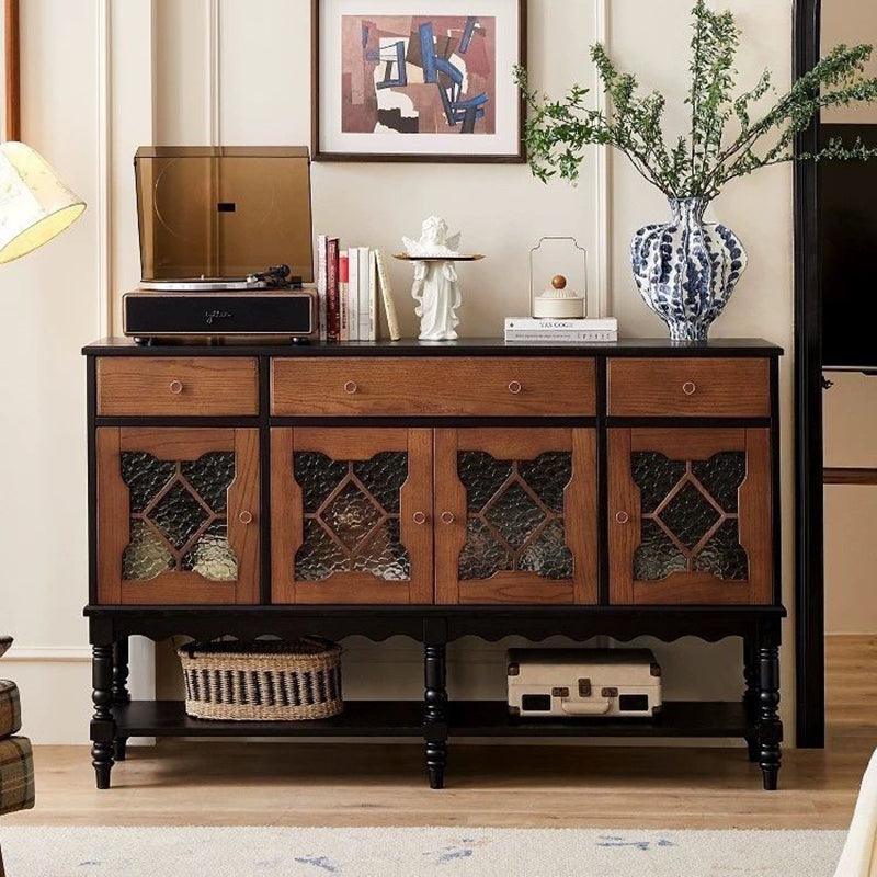 Traditional French Pine Wood Glass Rectangular Diamond Cylindrical Storage Cabinet 3-Drawer For Living Room