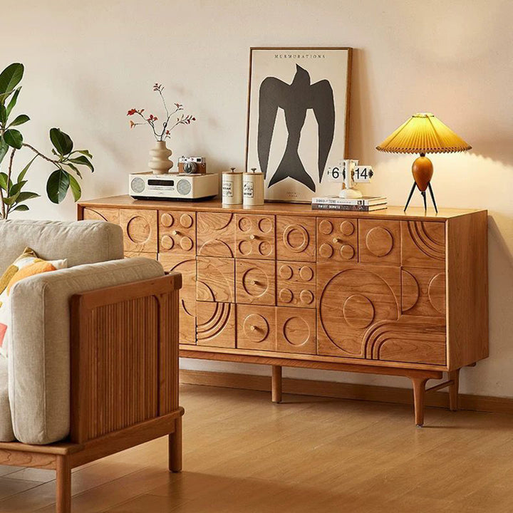 Traditional French Pine Wood Rectangular Patterned Storage Cabinet 3-Drawer For Living Room