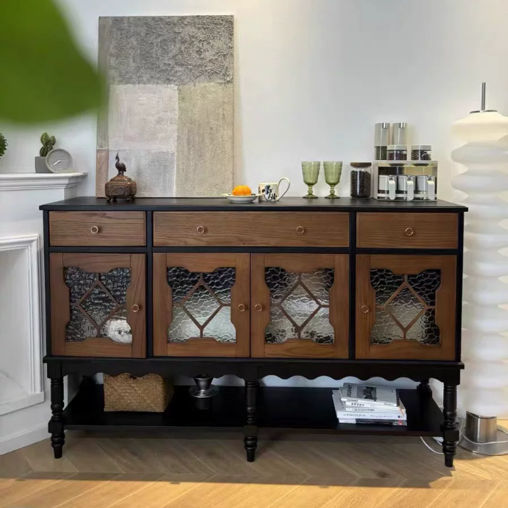 Traditional French Pine Wood Glass Rectangular Diamond Cylindrical Storage Cabinet 3-Drawer For Living Room